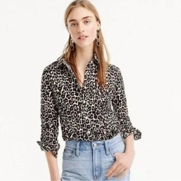 J. Crew Women's Button Up Shirt Linen-Cotton Animal Leopard Print Slim Fit large - Picture 1 of 6